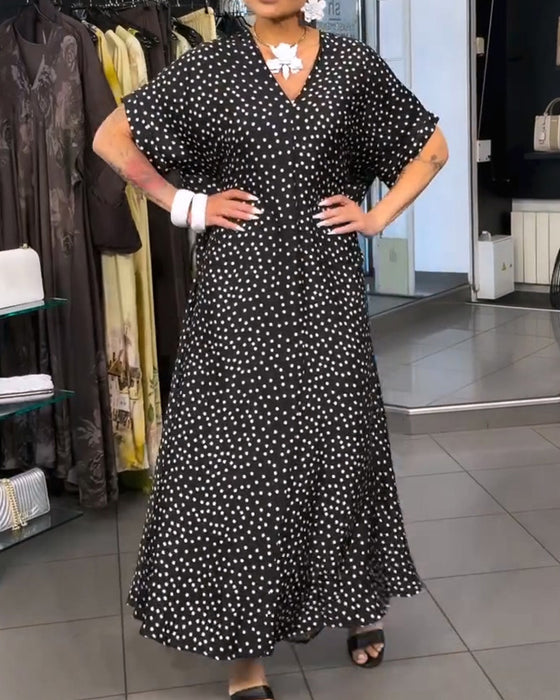V-Neck Polka Dot Loose Flared Dress
