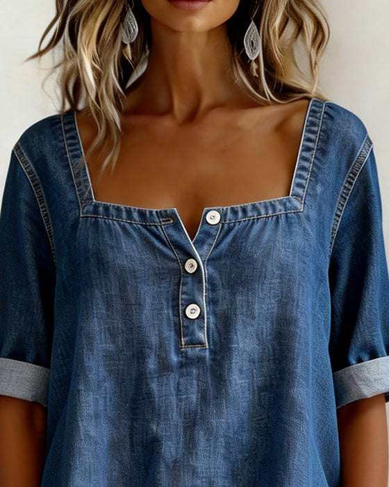 Square Neck Denim Half Sleeve Shirt