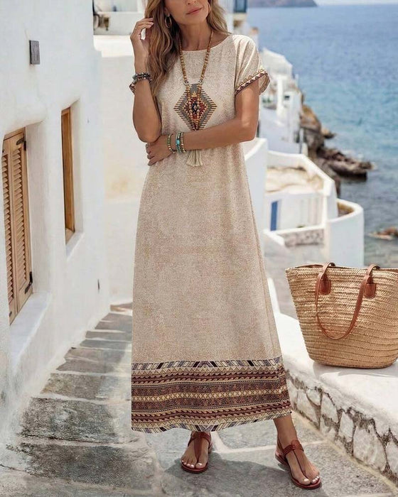 Round Neck Overlap Print Dress
