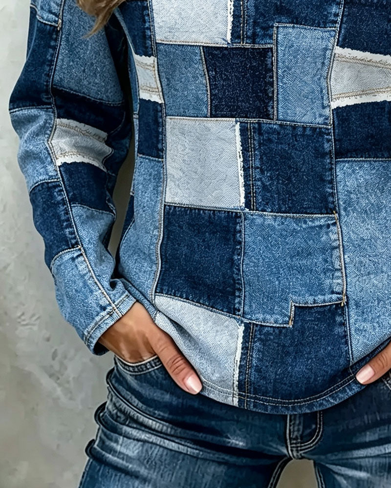 V-Neck Plaid Color-Block Top