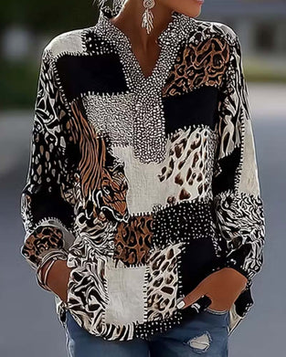 Mandarin Collar Leopard Patchwork Blouse