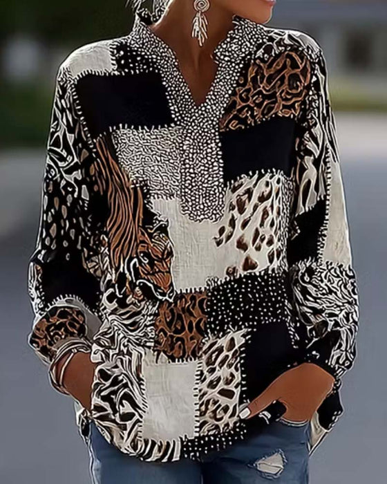 Mandarin Collar Leopard Patchwork Blouse