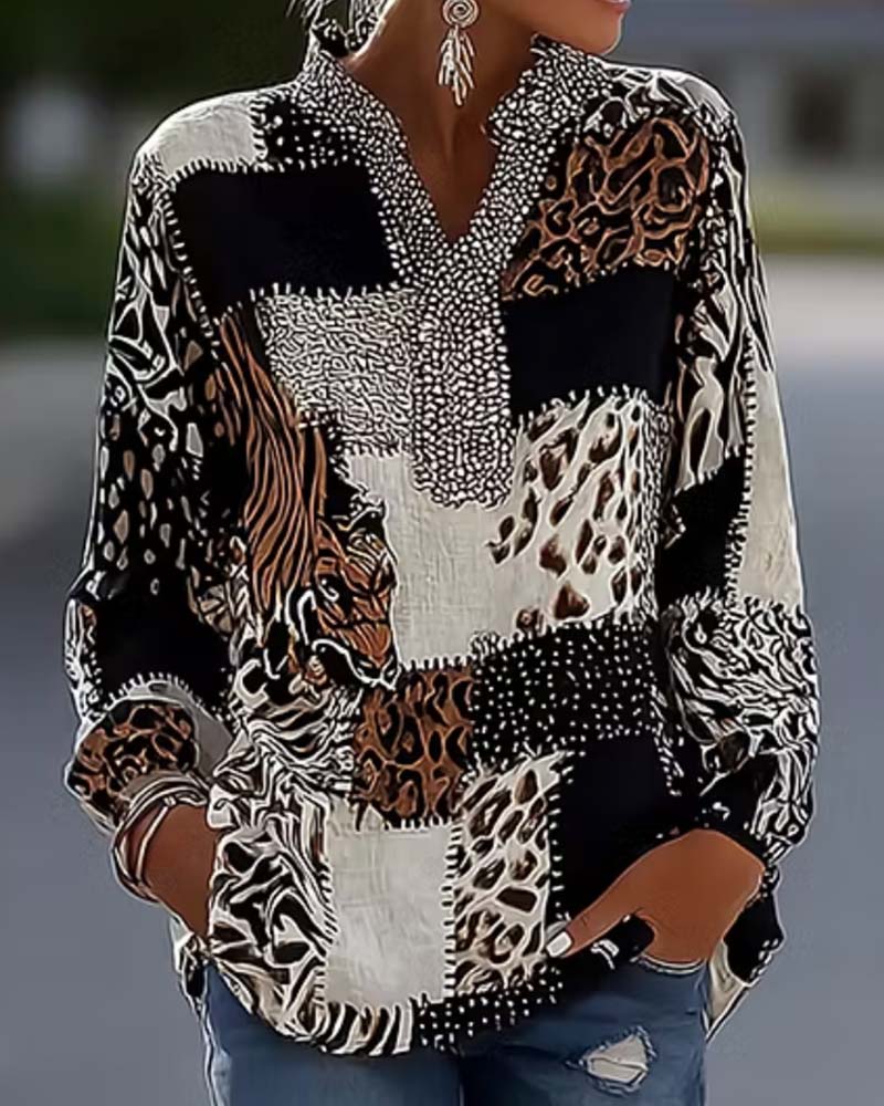 Mandarin Collar Leopard Patchwork Blouse