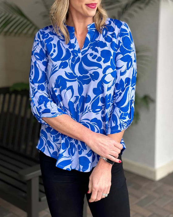 Long-sleeve V-neck floral print top