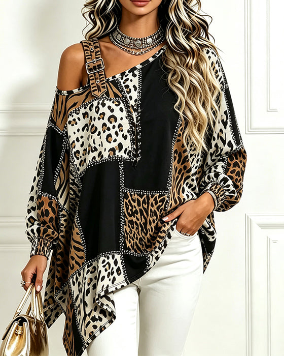 Leopard Print Patchwork Asymmetric Neck Long Sleeve Blouse