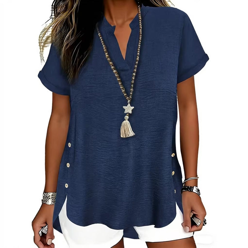 Solid Color Side-Slit Short-Sleeved Blouse
