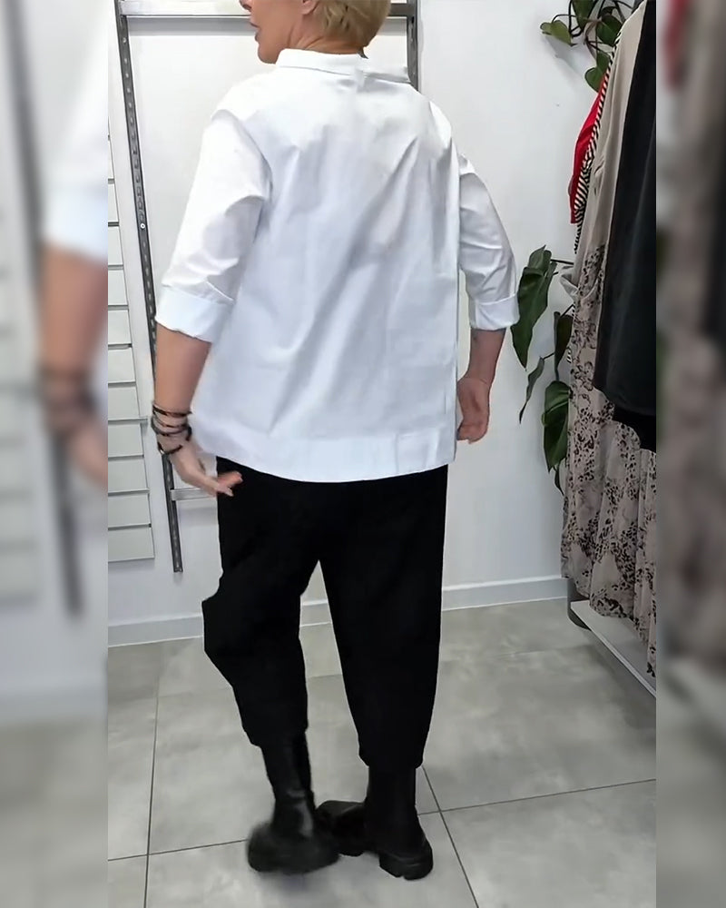 100% Cotton Wide-Collar Solid Color Casual Blouse