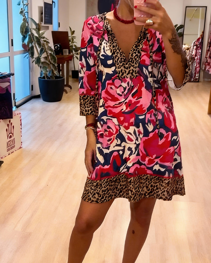 V-Neck Lace-Up Leopard Print Floral Dress