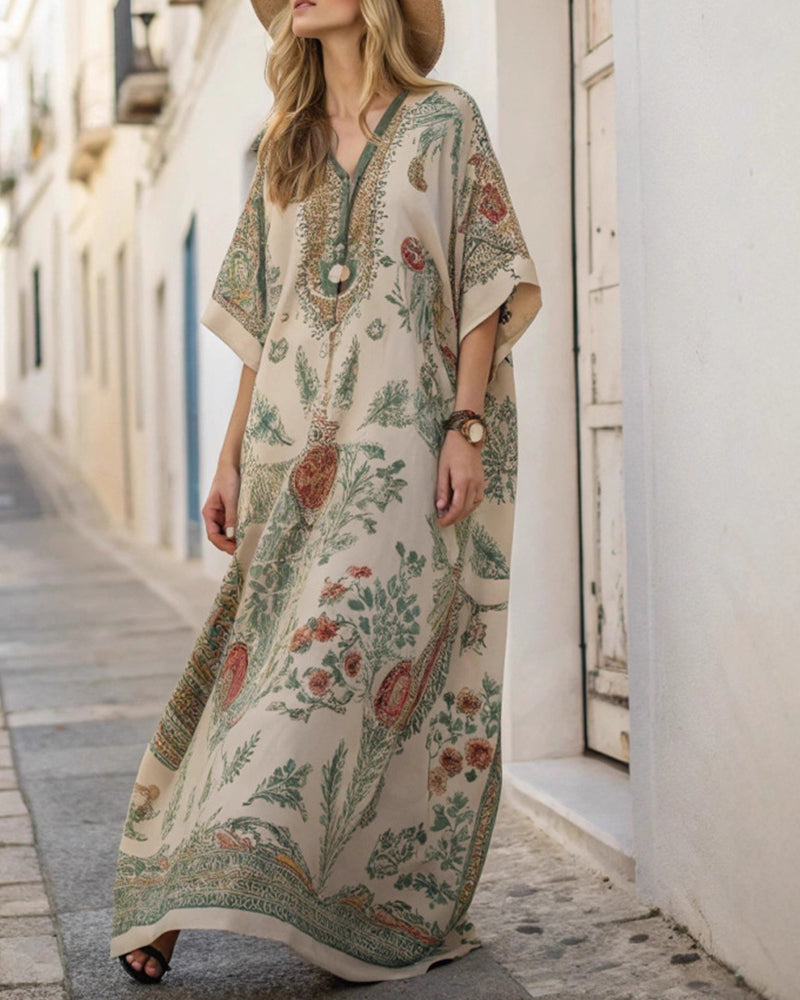 Vintage Print Ethnic Long Robe Dress