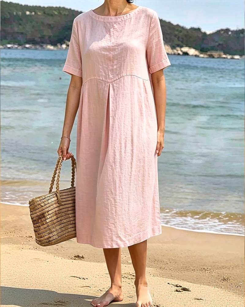 Round Neck Short Sleeve Solid Relaxed Dress