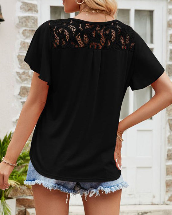Mesh lace stitching solid color short-sleeved top