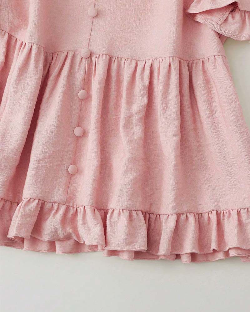 V-Neck Ruffle Pearl Button Blouse