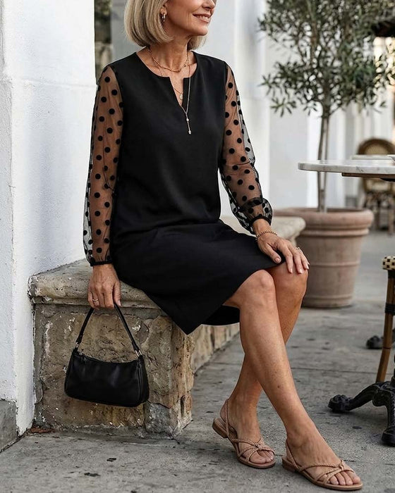 Polka Dot Mesh Shift Knee-Length Dress