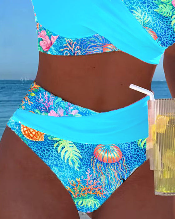 Marine Life Print Color-Block Bikini
