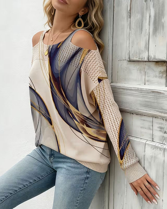 Stylish Print Hollow Out Off-Shoulder Pullover