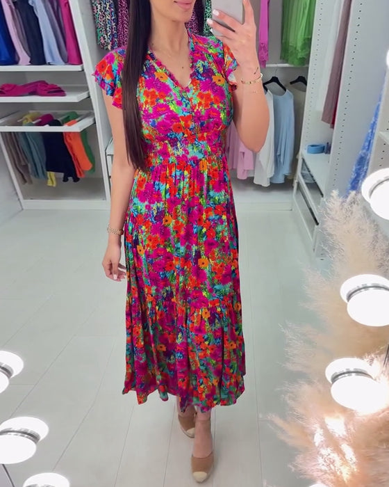 Colorful floral print V-neck elegant dress