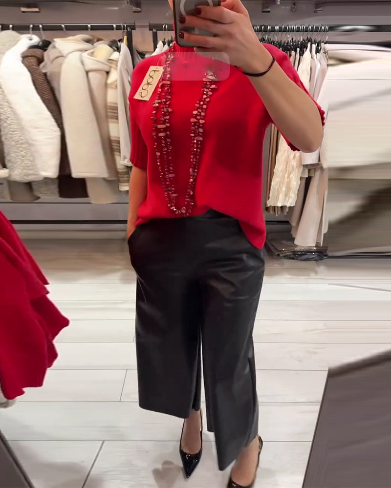 Solid Color High-Neck Short-Sleeved Jumper