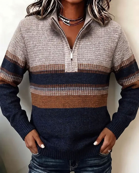 Lapel Zipper Striped Contrast Pullover