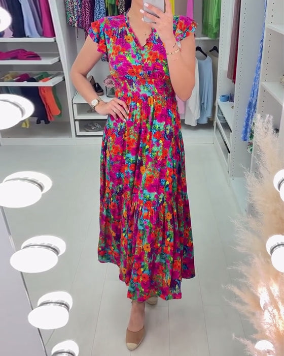 Colorful floral print V-neck elegant dress