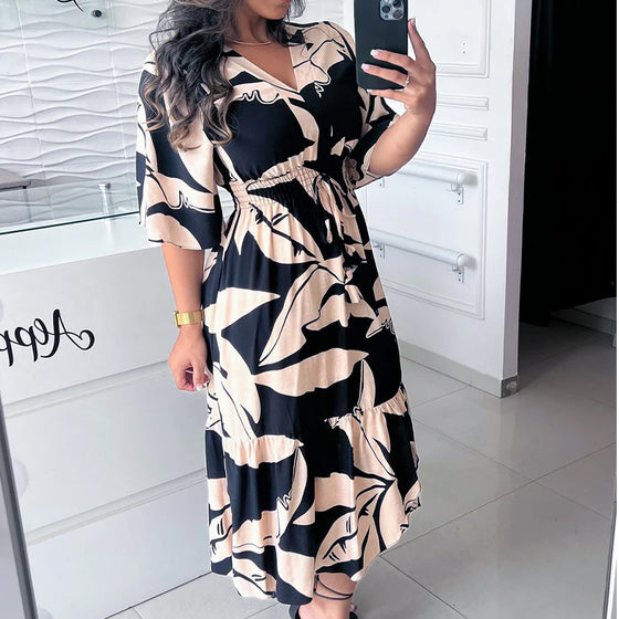 V-neck three-quarter sleeve drawstring elegant dress