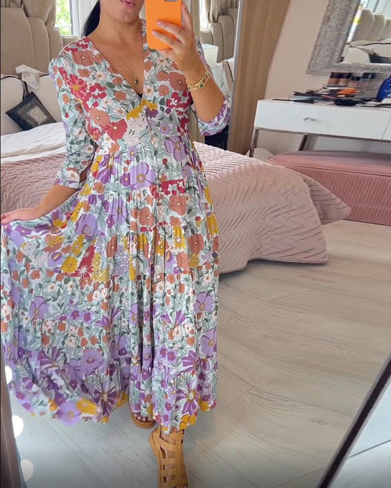 Pastoral style printed v-neck dress