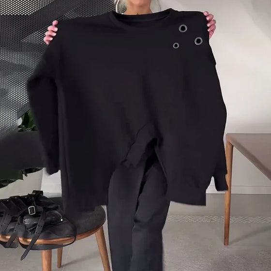 Solid color casual round neck slit sweatshirt