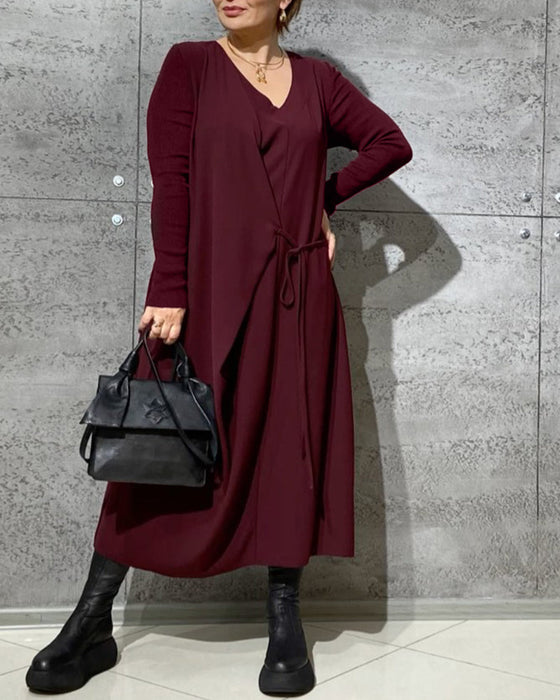 Solid color belted dress