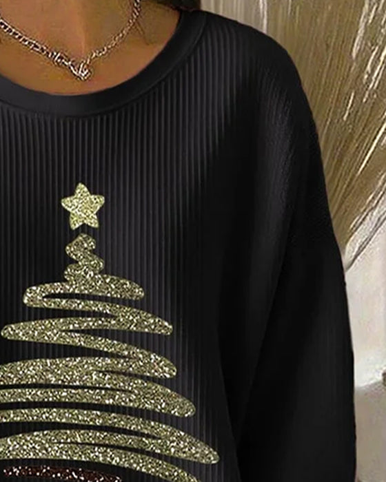 Loose Pitted Christmas Print Sweatshirt