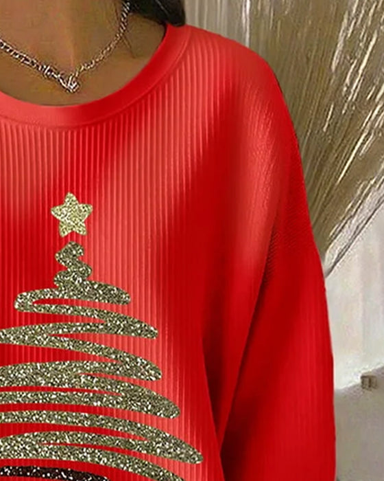 Loose Pitted Christmas Print Sweatshirt