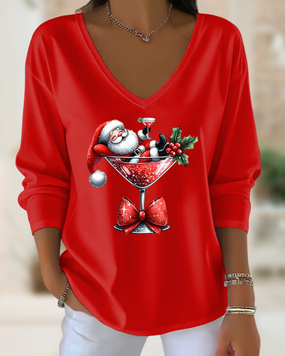 V-Neck Loose-Fitting Christmas Wine Glass Print Top