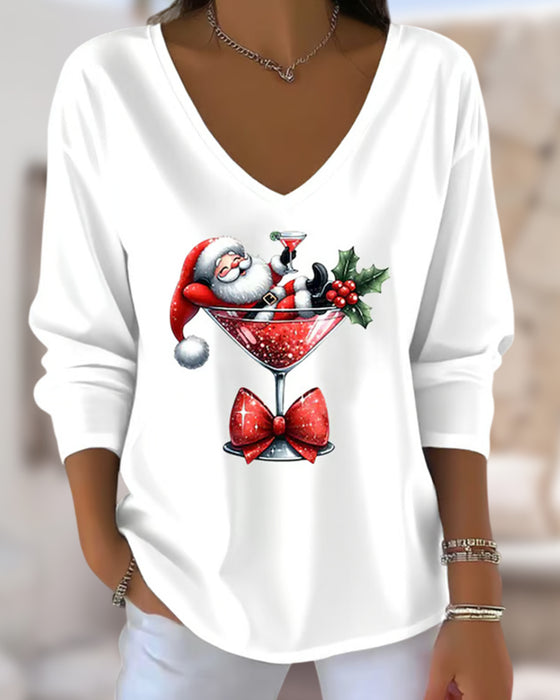 V-Neck Loose-Fitting Christmas Wine Glass Print Top