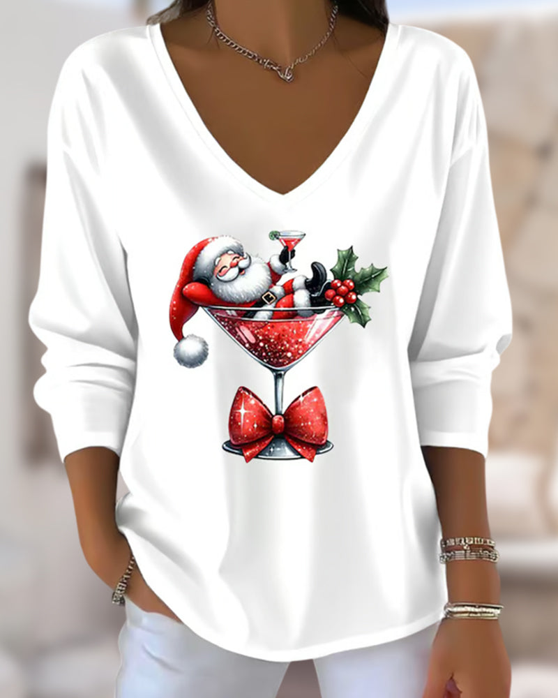V-Neck Loose-Fitting Christmas Wine Glass Print Top