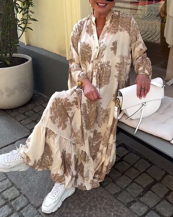 Loose printed V-neck bell sleeve patchwork dress