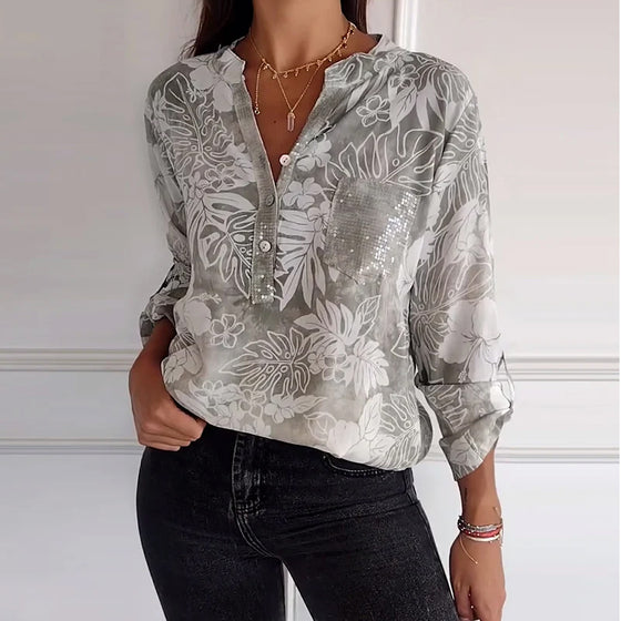 Patchwork sequined leaf print top