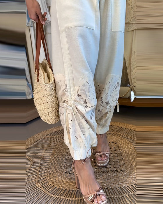 Solid Color Lace Patchwork Shirred Long Pants