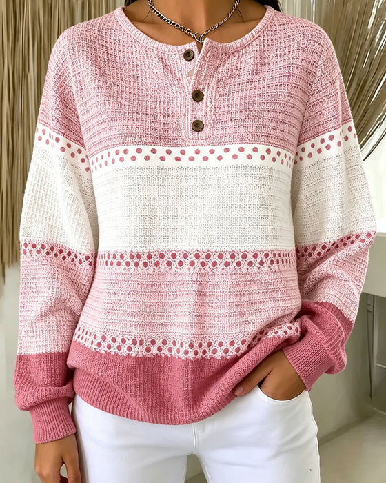 Color Block Waffle Knit Henley Pullover Sweatshirt