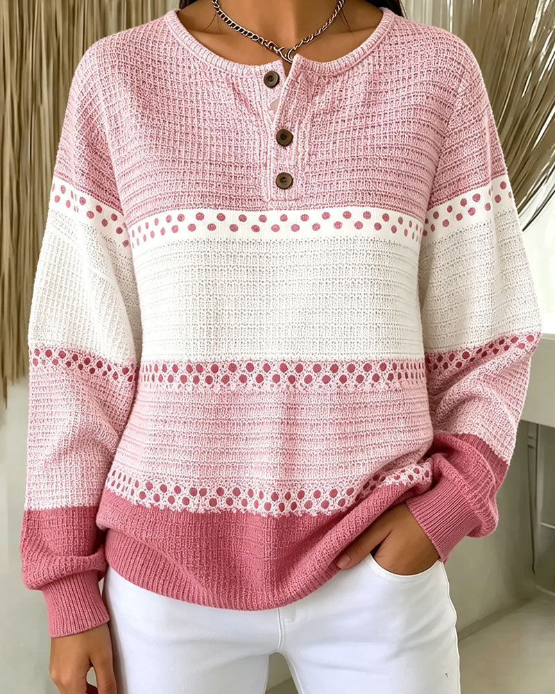 Color Block Waffle Knit Henley Pullover Sweatshirt