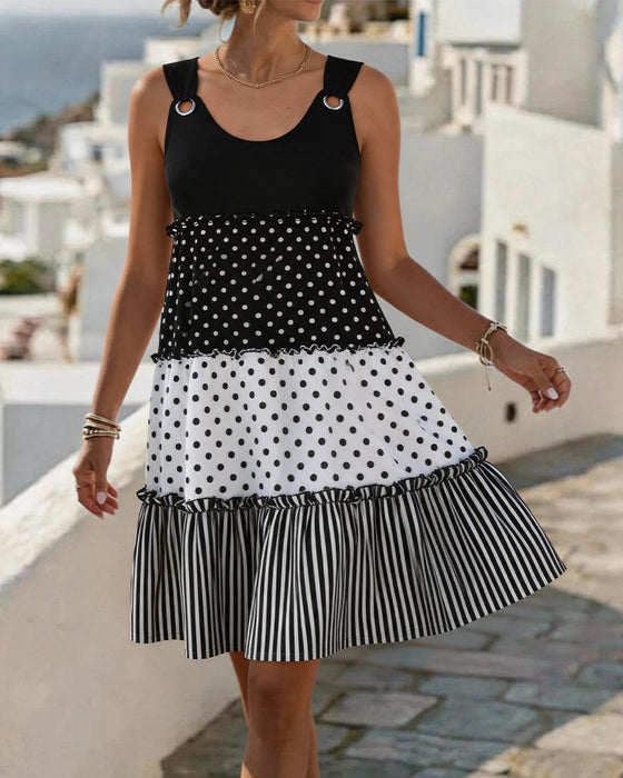 Polka Dot Stripe Tiered Spaghetti Dress