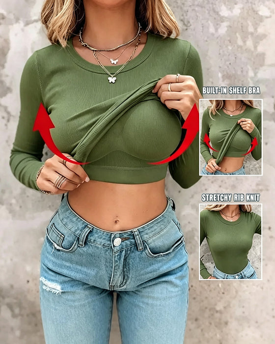 Crew Neck Solid Built In Bra Top