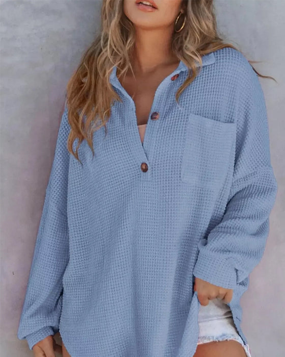 Solid Button-Down Loose Lapel Blouse