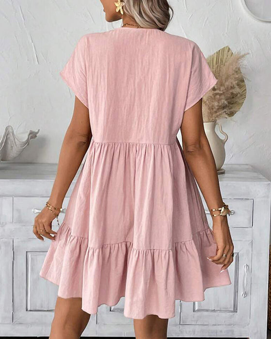 Solid V-Neck Ruffle-Trim Dress