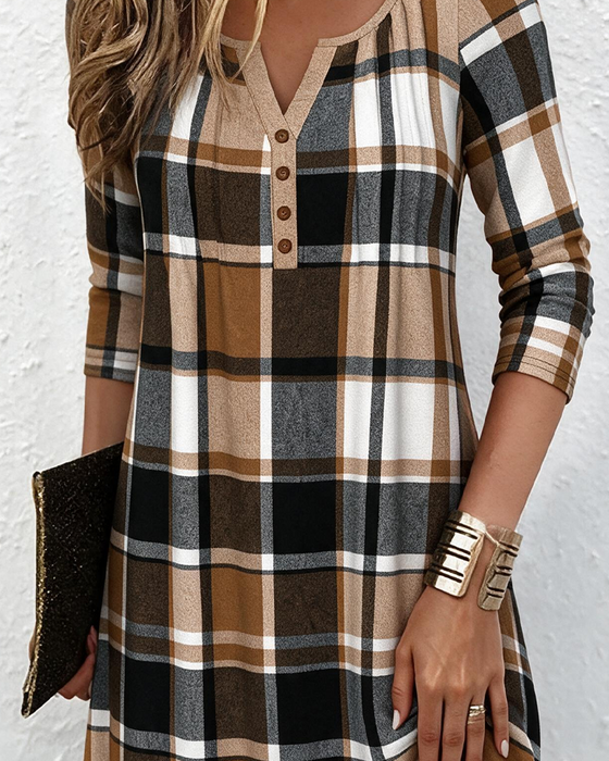 V-Neck Button Plaid Dress