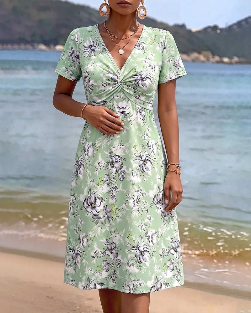 Floral V-Neck Twist Knot Dress