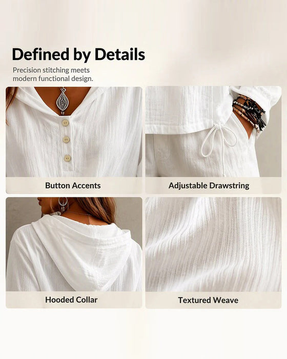 Solid Button Hooded Long Sleeve Top