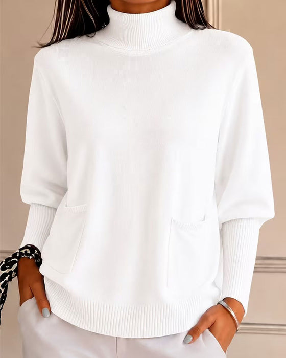 Turtleneck Pocket Solid Pullover