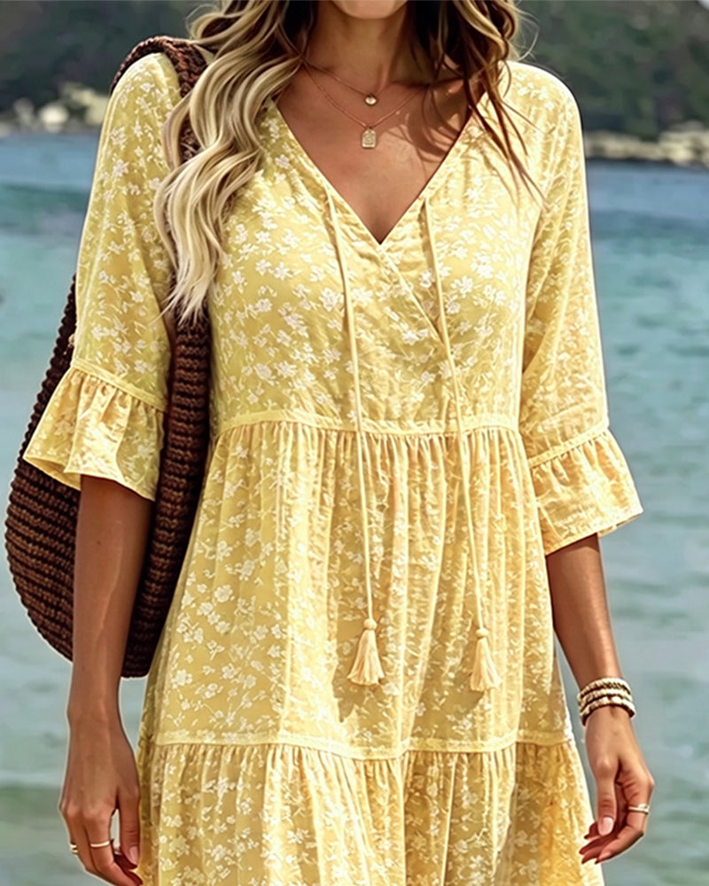Tie V-Neck Ruffle Floral A-Line Dress