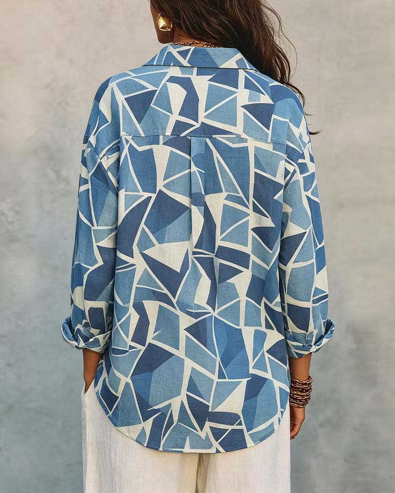 Geometric Print Collar Long Sleeve Blouse