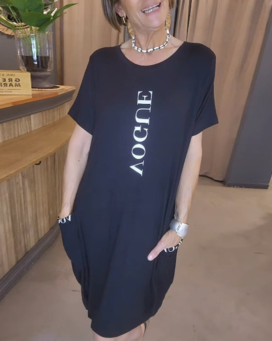 Casual Short-Sleeved Loose Letter Print Dress