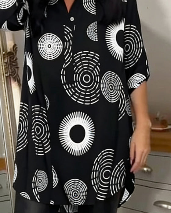 Geometric Circular Print Long-Sleeved Dress
