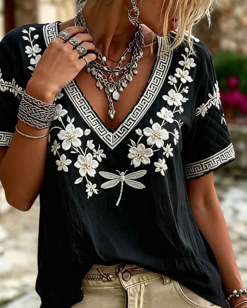 V-Neck Short-Sleeved Printed Blouse